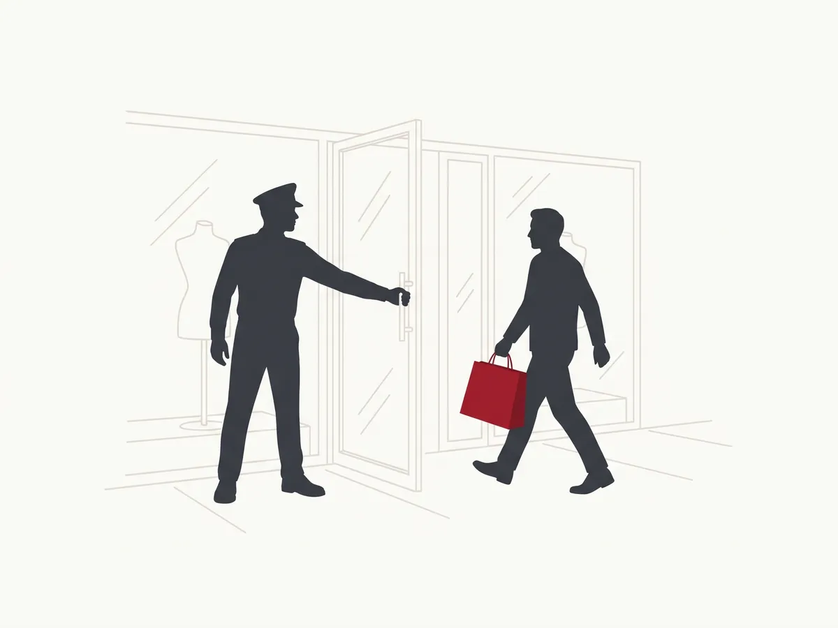 Ladendetektiv und Doorman in Reutlingen: Illustration eines SBS-Doorman, der einem Kunden die Ladentür öffnet