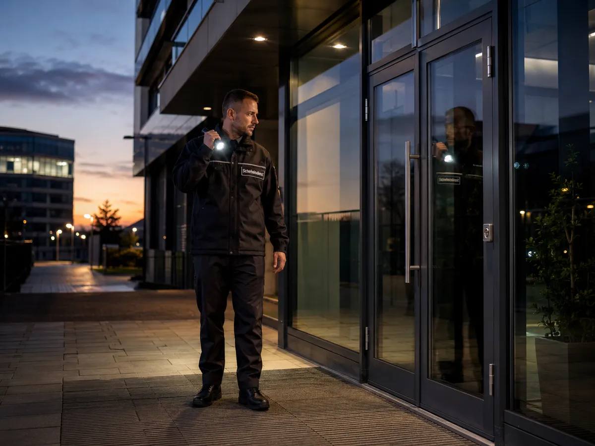 Objektschutz in Reutlingen: SBS-Sicherheitsmitarbeiter bei der abendlichen Streife an einem Bürogebäude