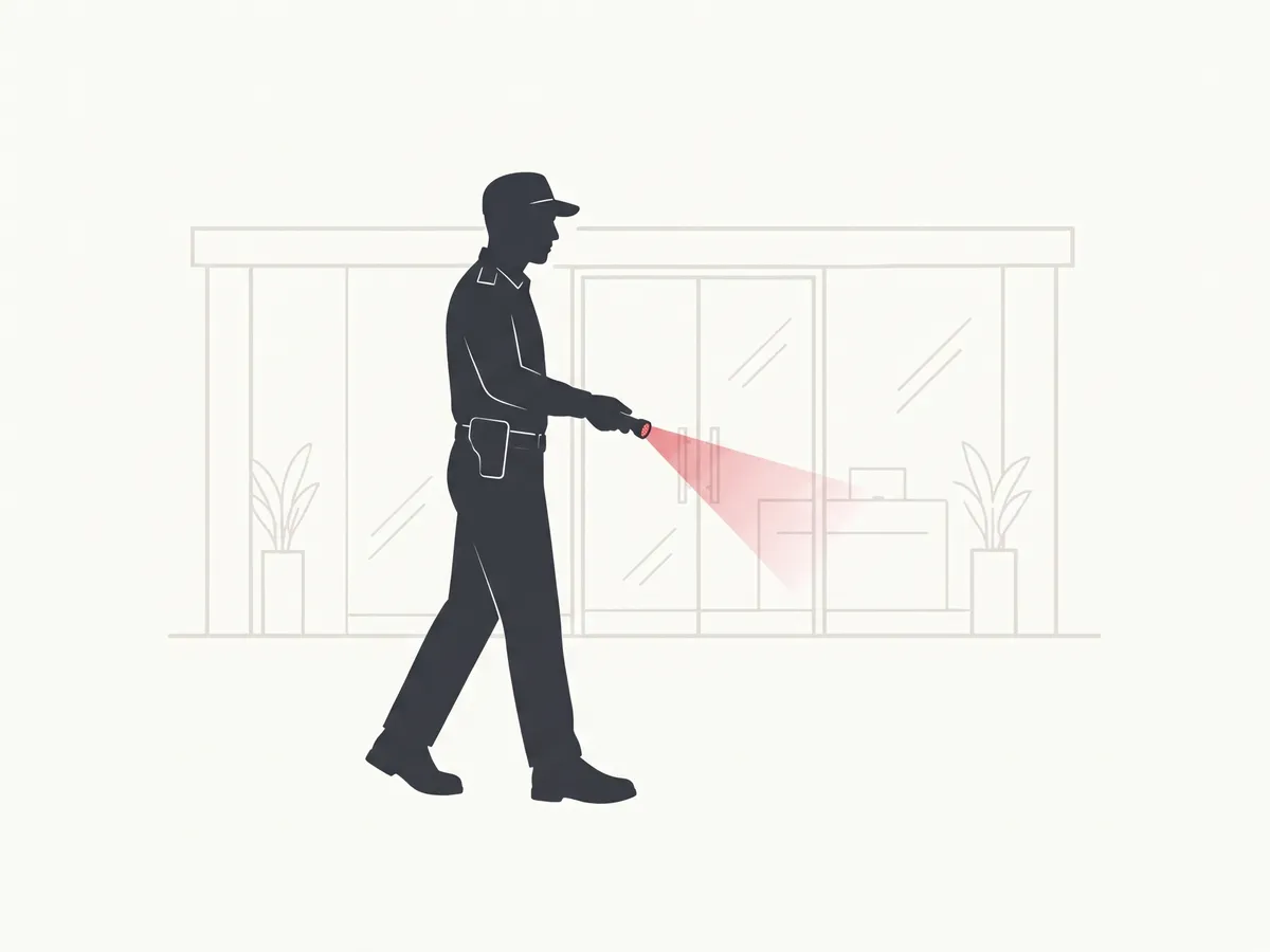 Objektschutz in Reutlingen: Illustration eines SBS-Sicherheitspostens mit Taschenlampe vor einem Glaseingang