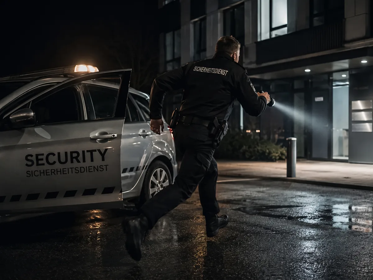 Revierdienst in Reutlingen: SBS-Streife steigt für den nächtlichen Kontrollgang aus dem Sicherheitsfahrzeug