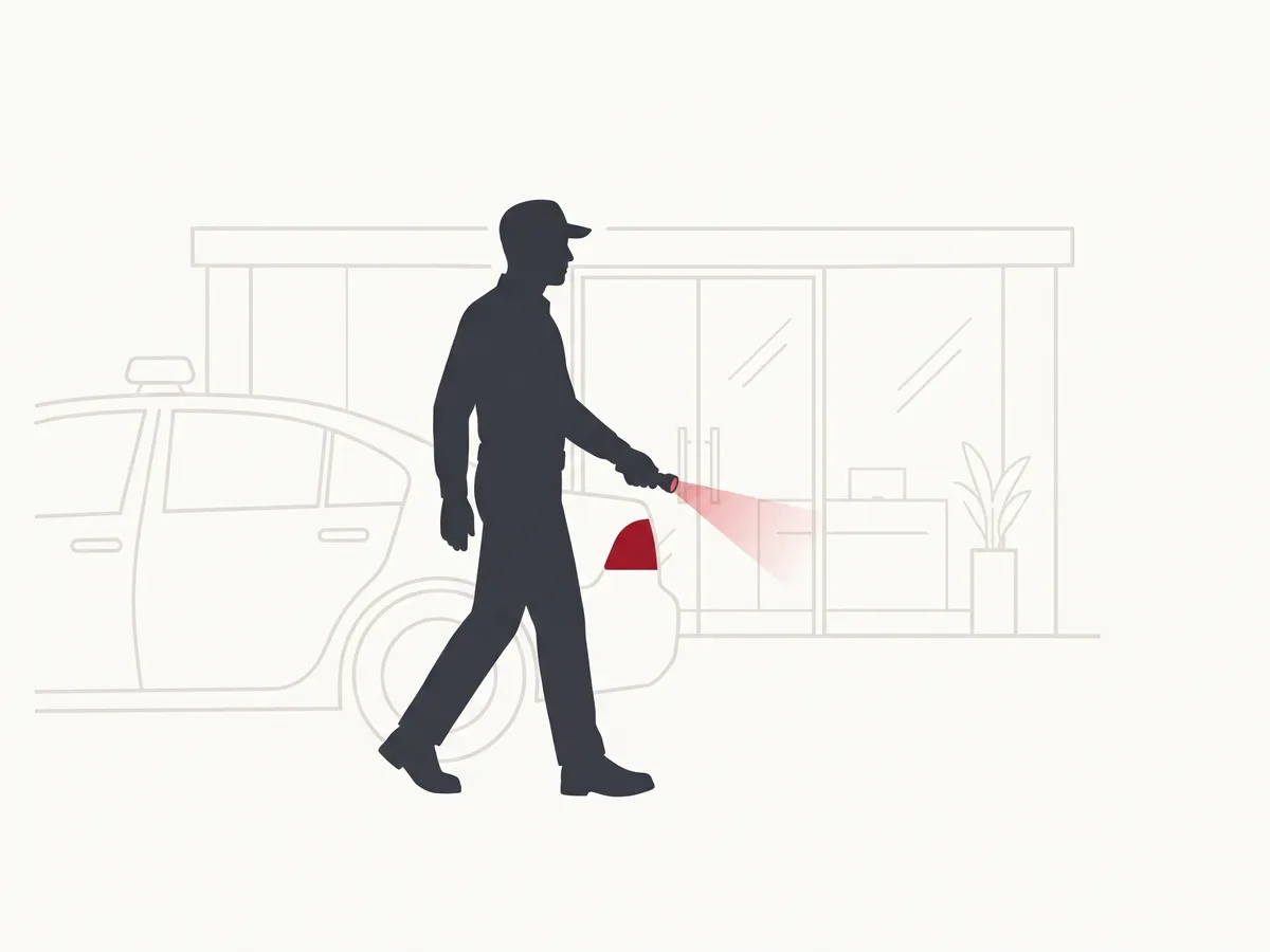 Revierdienst in Reutlingen: Illustration einer SBS-Streife mit Taschenlampe neben dem Streifenfahrzeug