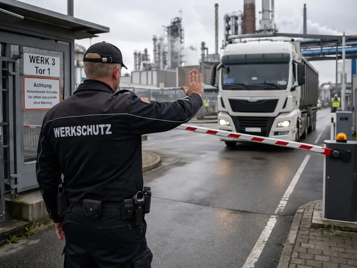Werkschutz in Reutlingen: SBS-Mitarbeiter kontrolliert einen LKW an der Werkspforte