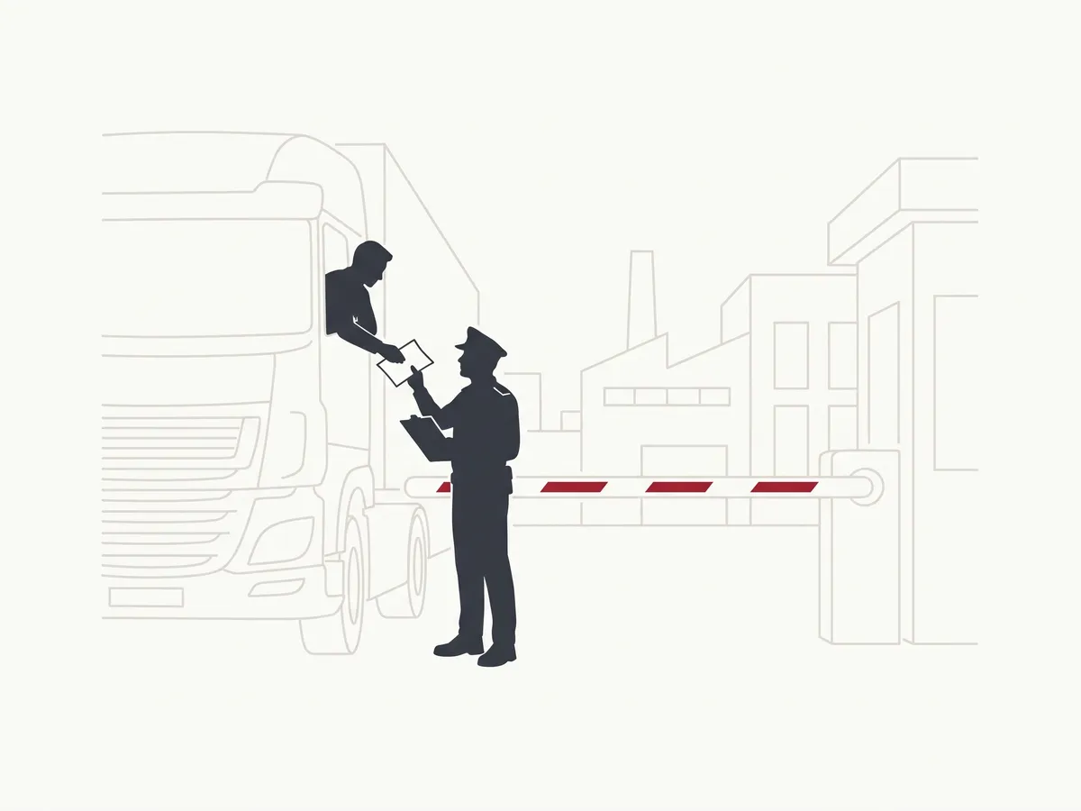 Werkschutz in Reutlingen: Illustration einer SBS-Sicherheitskraft bei der Fahrer- und Papierkontrolle am LKW an der Werkspforte